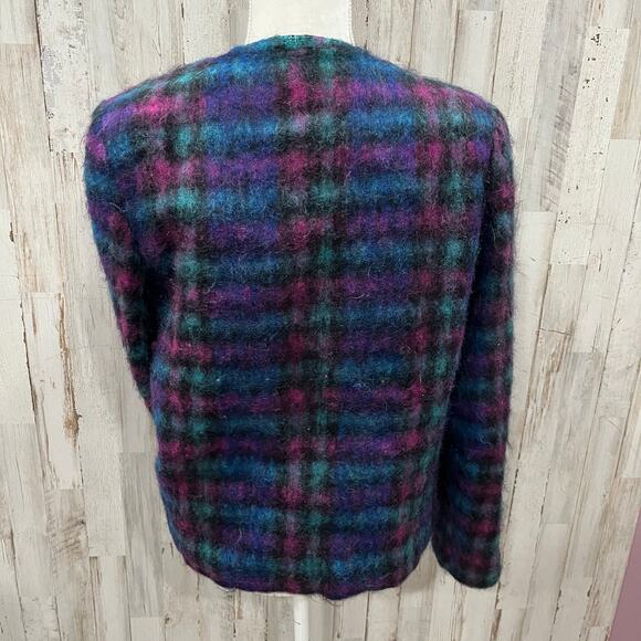 Vintage Lombardi Open Front Colorful Fuzzy Plaid Blazer Jacket Womens Medium 80s - Picture 4 of 10